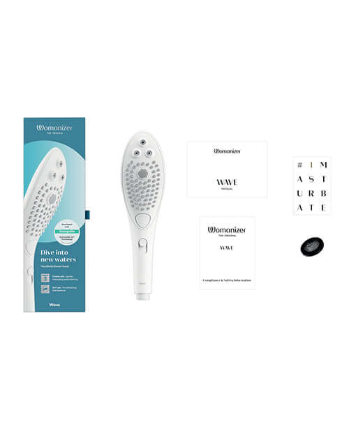 Womanizer Wave Shower Head Clitoral Stimulator White with packaging and accessories displayed