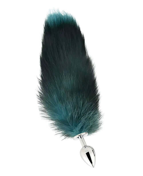 Fox Tail Large Stainless Steel Butt Plug Teal with sleek stainless steel and vibrant teal faux fur tail.