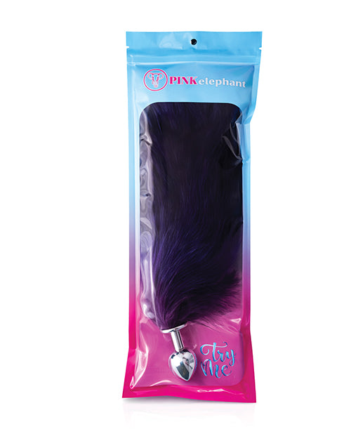 Fox Tail Large Stainless Steel Butt Plug Purple in packaging with faux fur tail.