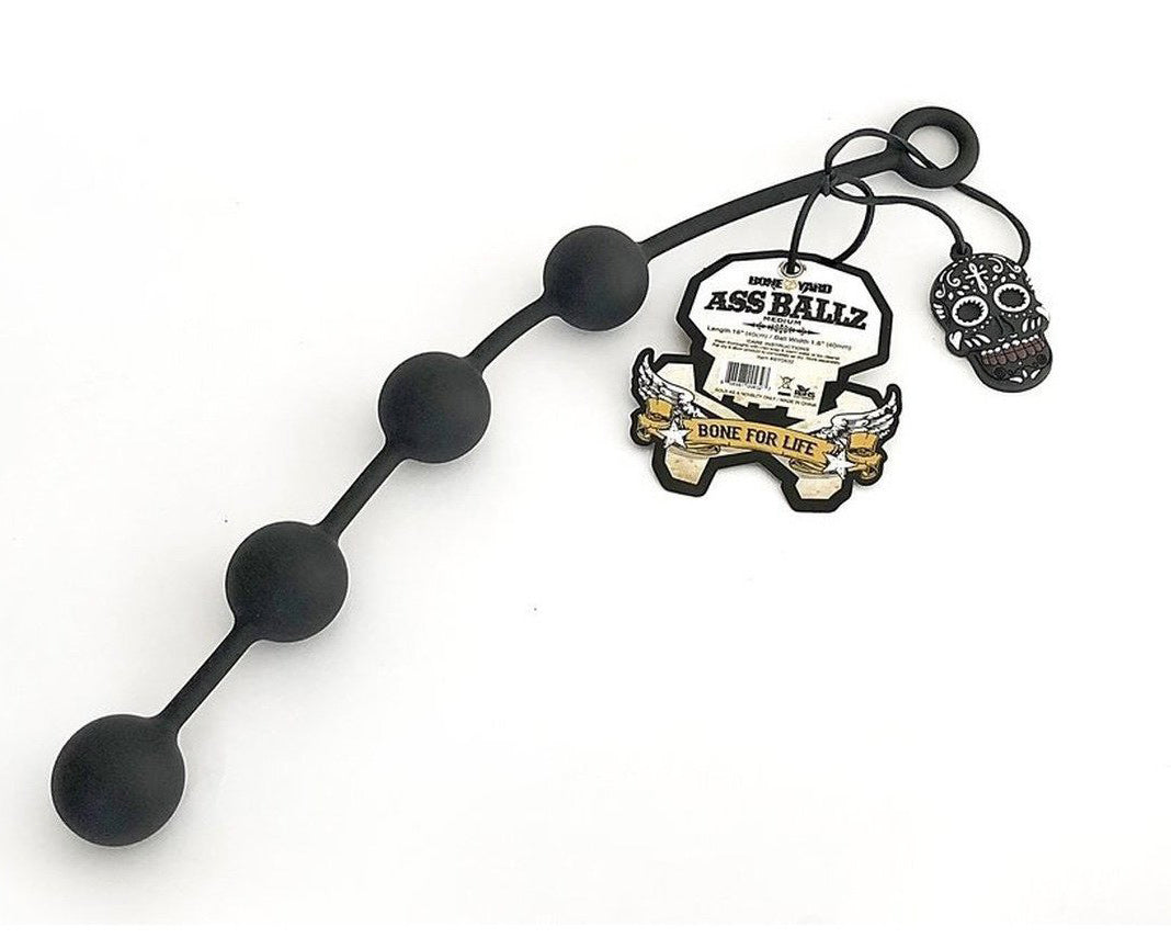 Boneyard Ass Ballz Large Silicone Anal Beads with four 2 inch spheres and packaging on a white background.