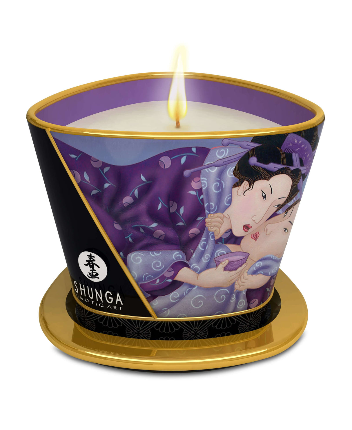 Shunga Massage Candle Libido Exotic Fruits 5.7 Oz lit with erotic Japanese art design, creating an inviting ambiance.