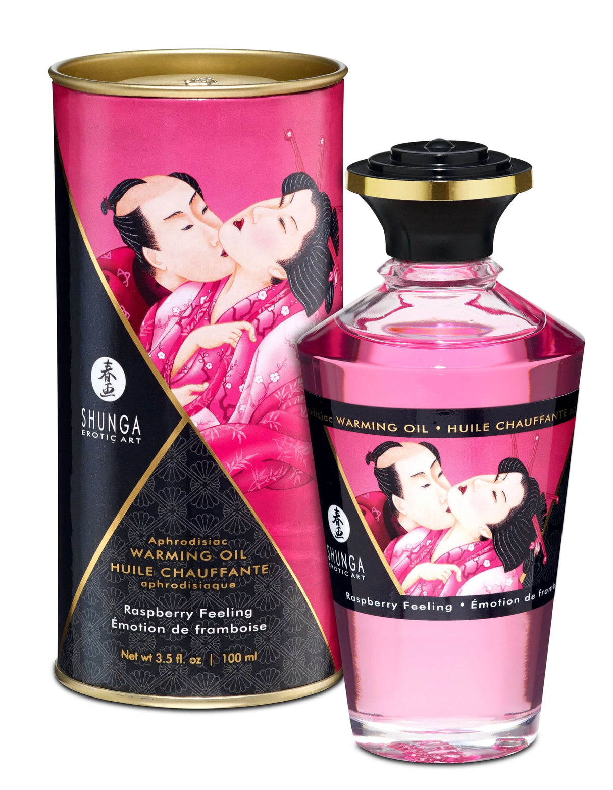 Shunga Aphrodisiac Warming Oil Raspberry Feeling 3.5 Oz bottle and packaging showcasing the erotic art design.