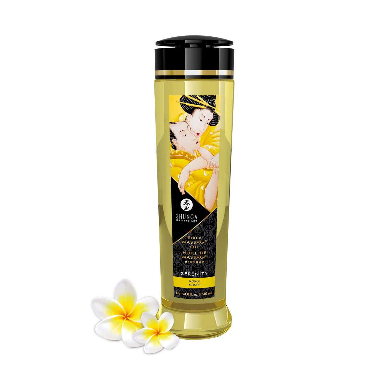 Shunga Massage Oils Serenity 8 Oz bottle with floral accents, promoting silky-smooth glide for massage.