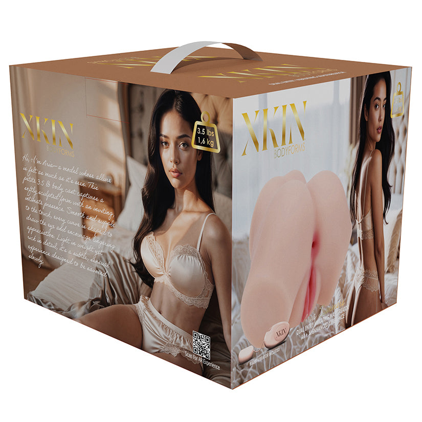 Xkin Aria Summers Dual Entry Vibrating Masturbator Beige packaging with product features and model displayed.