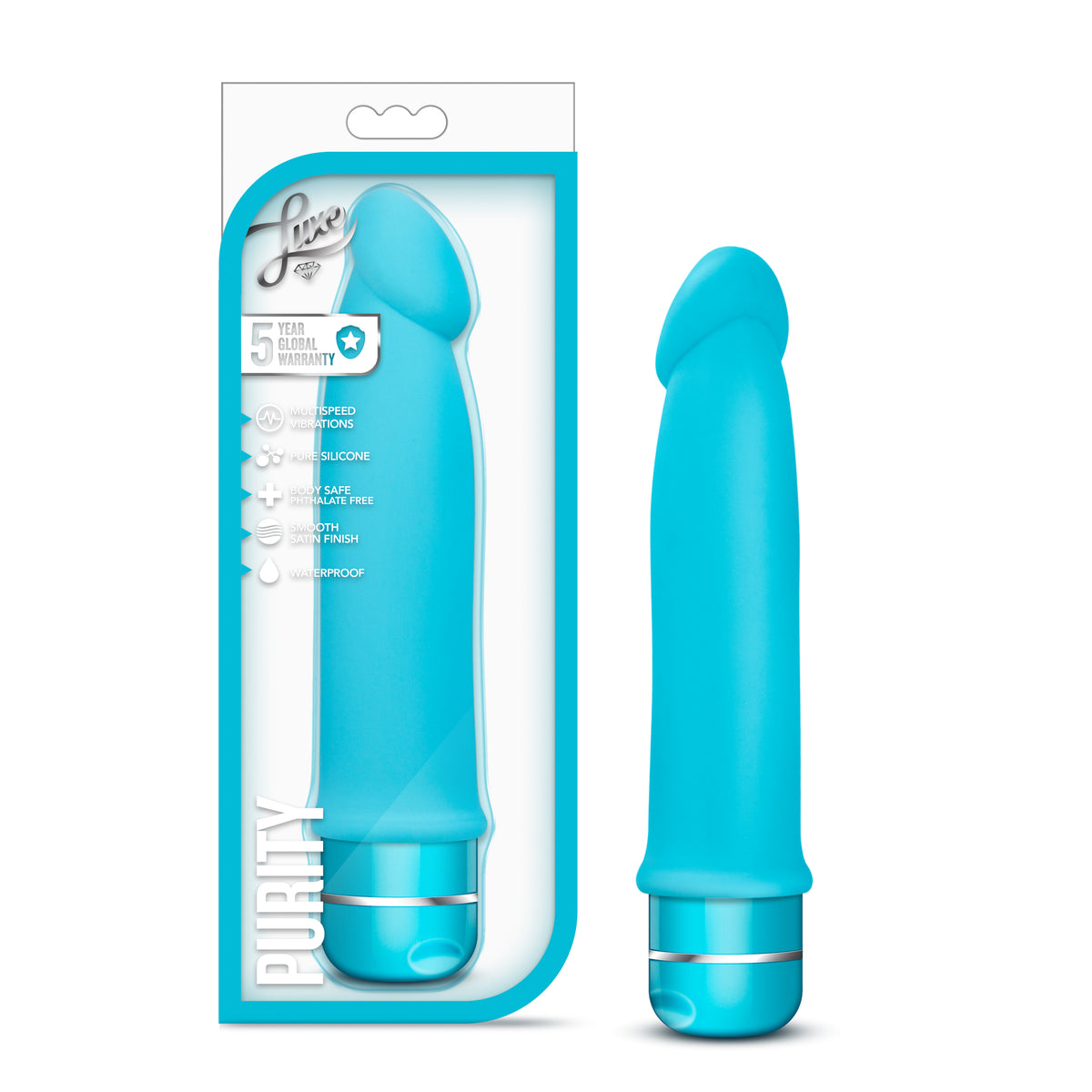 Blush Purity 7.5 Inch Waterproof Vibrator Blue packaging and product display. Lightweight, waterproof, and multi-speed design.