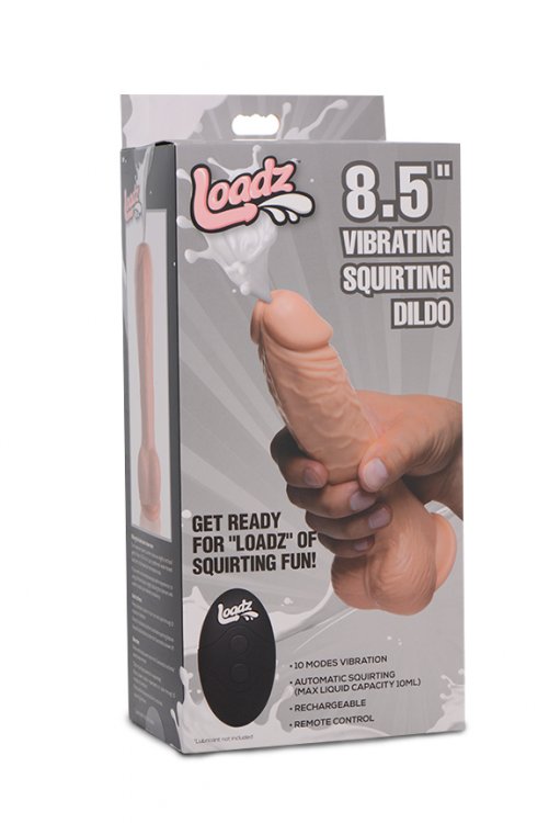 Loadz 8.5 Inch Vibrating Squirting Dildo Beige packaging featuring realistic design and remote control features.