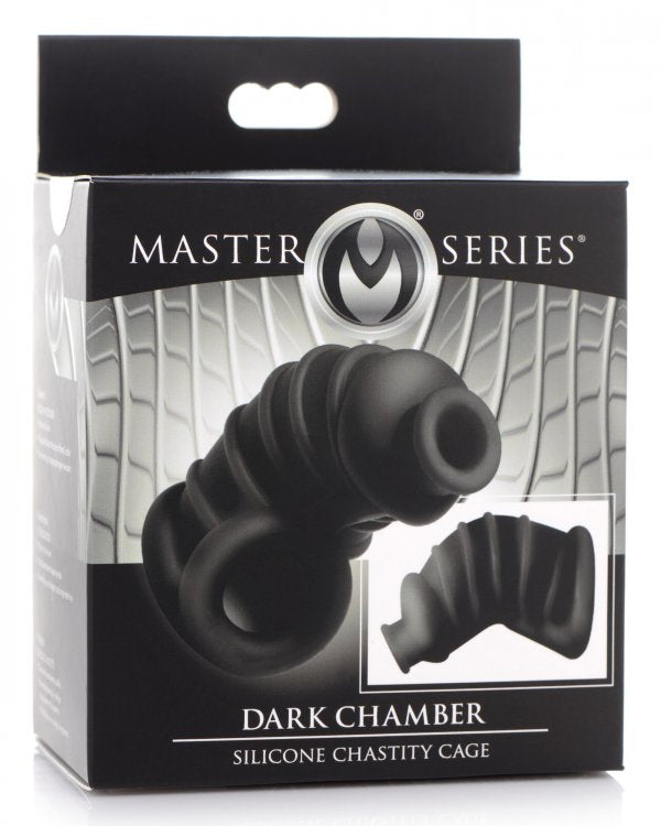 Master Series Dark Chamber Silicone Chastity Cage packaging showcasing the premium silicone design.