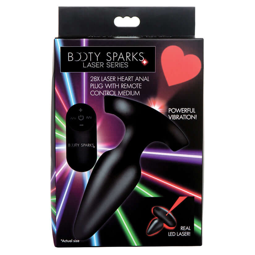 Booty Sparks 28x Laser Heart Silicone Anal Plug With Remote Medium packaging showcasing powerful vibration feature.