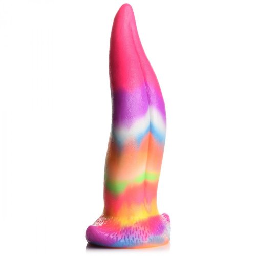 Creature Cocks Unicorn Kiss Glow In The Dark Tongue Dildo showcasing vibrant rainbow colors and a unique design.