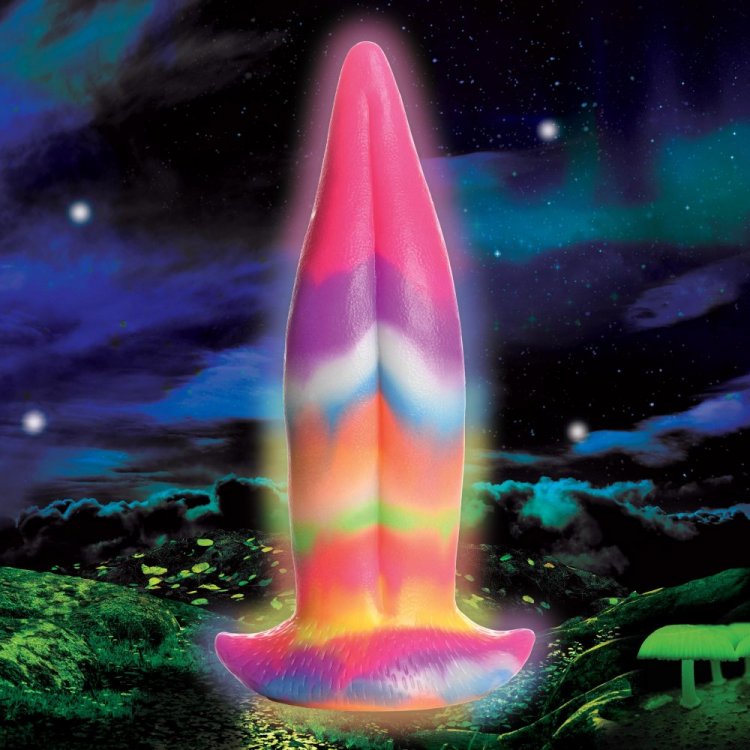 Creature Cocks Unicorn Kiss Glow In The Dark Tongue Dildo with vibrant colors against a cosmic background.