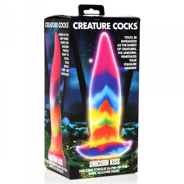 Creature Cocks Unicorn Kiss Glow In The Dark Tongue Dildo packaging showcasing vibrant colors and glow effects.