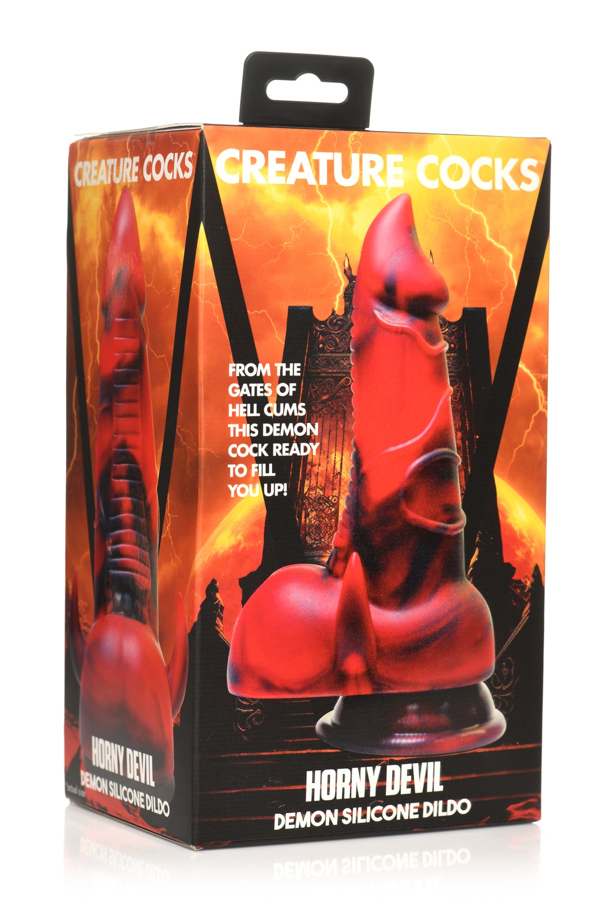Creature Cocks Horny Devil Demon Silicone Dildo packaging featuring vivid red and black design with demonic elements.