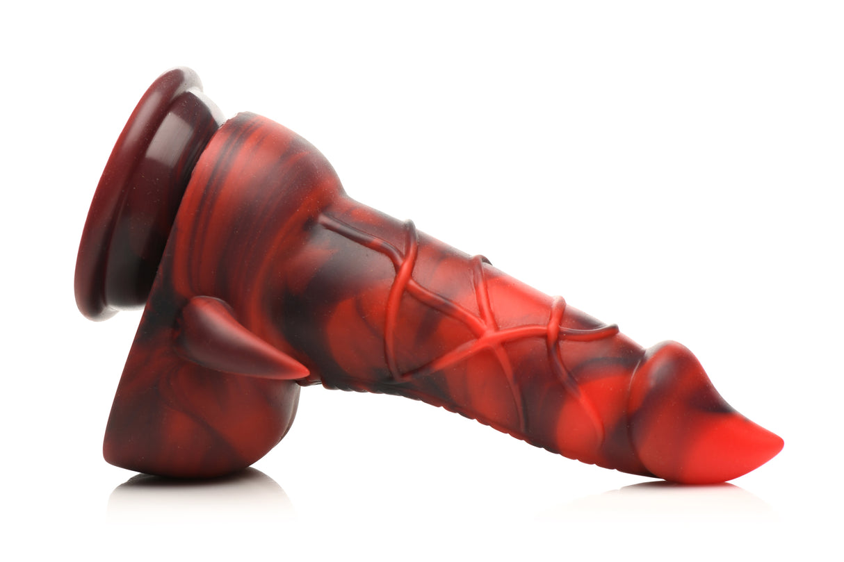 Creature Cocks Horny Devil Demon Silicone Dildo in bold red and black color, showcasing a wicked design for fantasy enthusiasts.