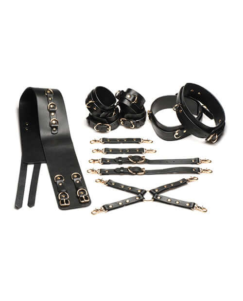 Master Series Tied Temptress Thigh Harness Hog Tie Black - complete vegan leather restraint system for couples.