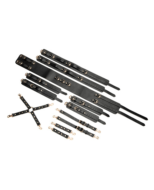 Master Series Tied Temptress Thigh Harness Hog Tie Black restraint system with straps and gold accents.