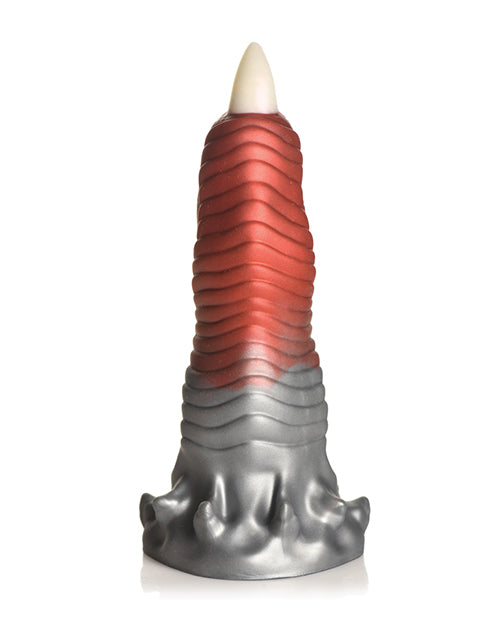 Creature Cocks Talon Fantasy Silicone Dildo showcasing a thick, ribbed texture with a striking red, silver and white finish.