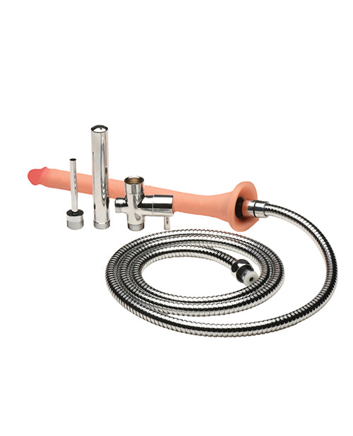 Hosed Silicone Enema Hose 12 Inches Long featuring a lifelike shaft and durable metal components for personal hygiene and stimulation.