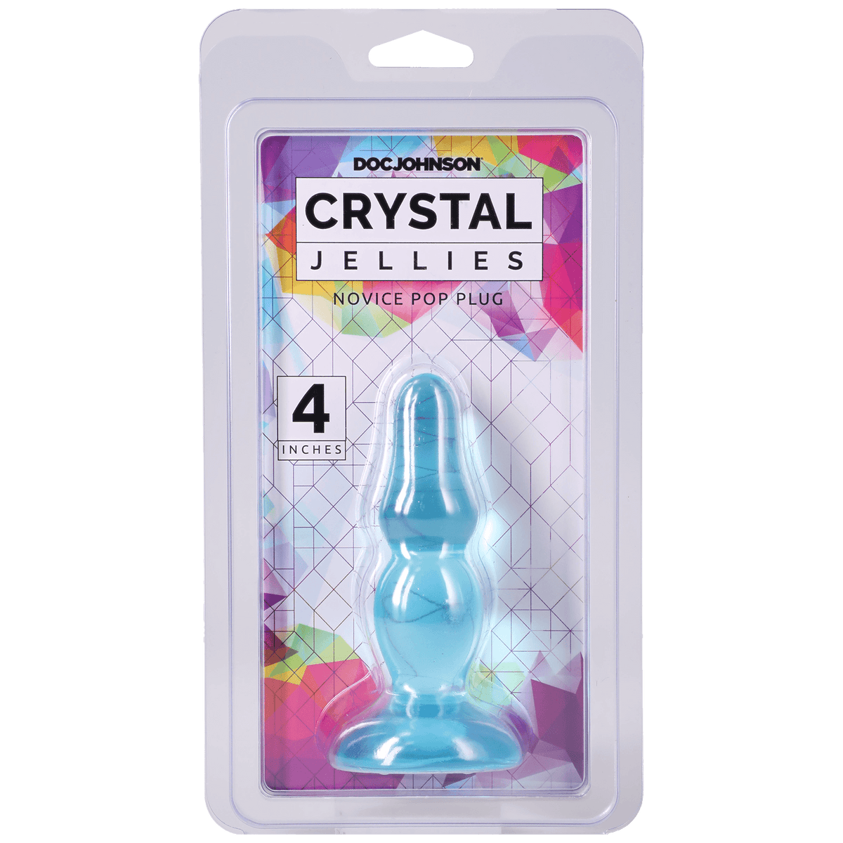 Crystal Jellies Novice Pop Plug 4 Inch Teal packaging featuring a beginner-friendly anal plug in a colorful box.