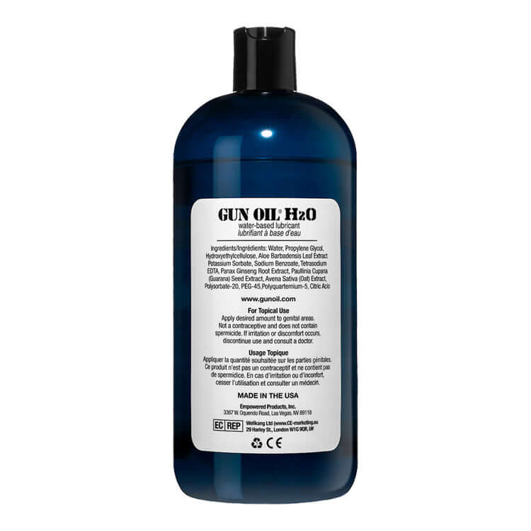 Gun Oil H2O Water-based Lubricant 32 Oz in blue bottle with label detailing ingredients and usage instructions