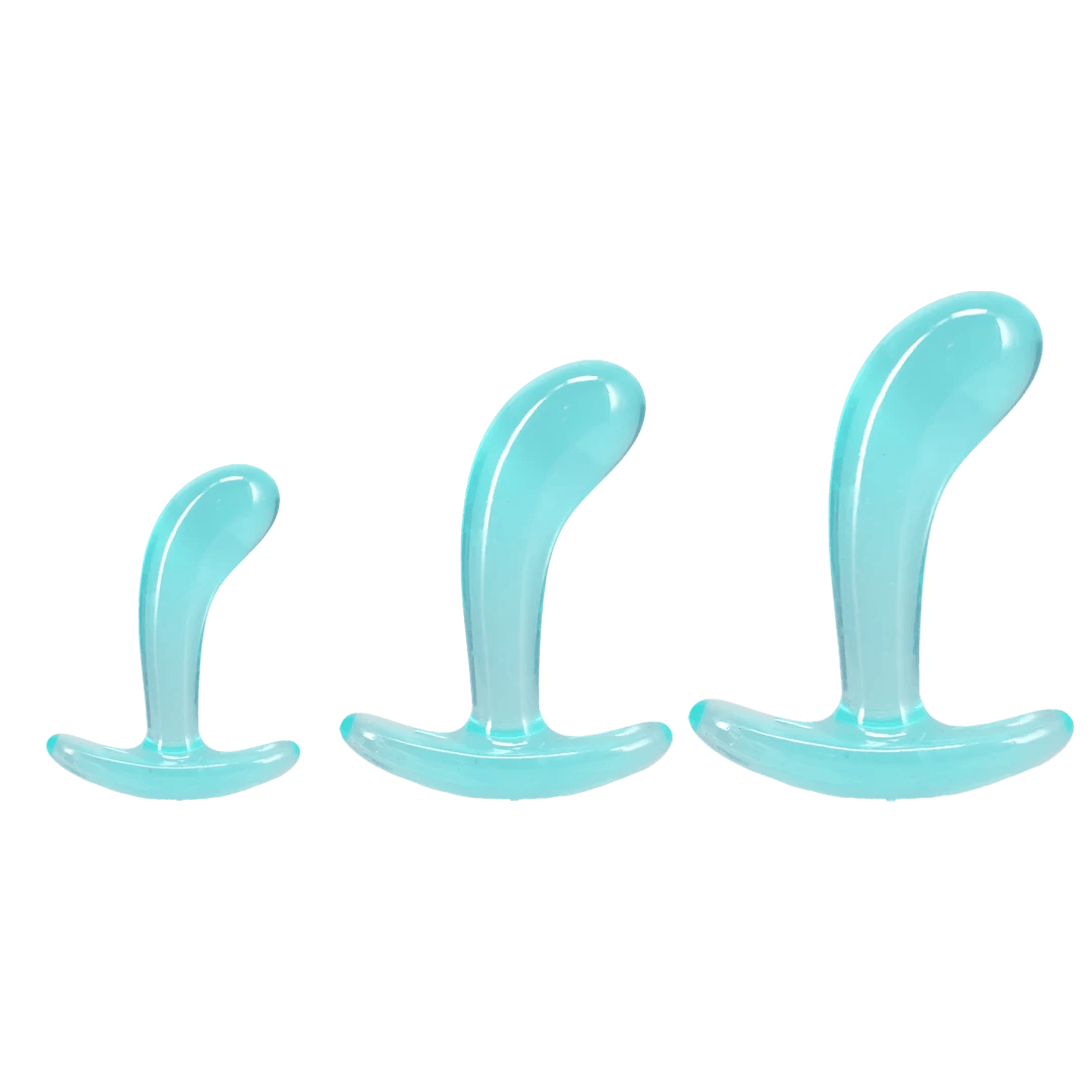 Crystal Jellies Curved Anal Trainer Set Teal showcasing three sizes for gradual anal training.