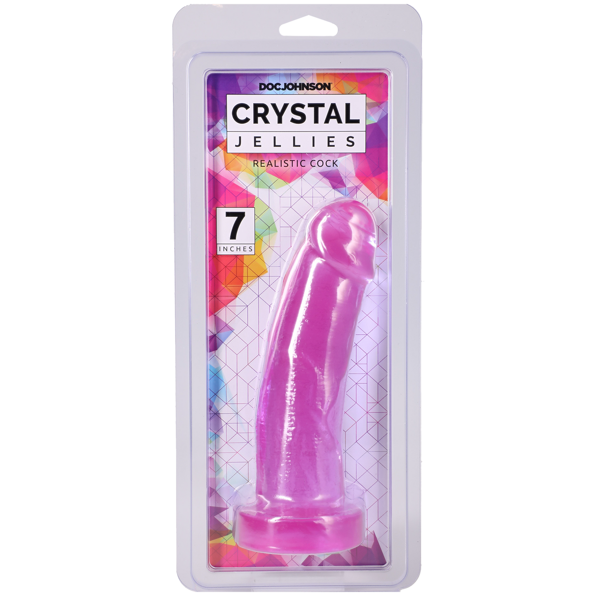 Crystal Jellies Realistic Cock 7 Inches Purple packaging featuring a textured design and suction cup base.
