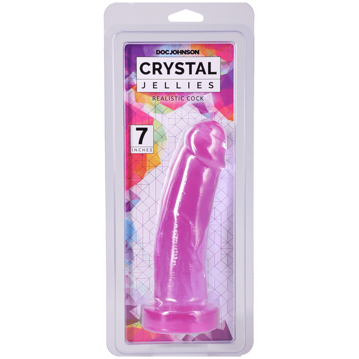 Crystal Jellies Realistic Cock 7 Inches Purple packaging featuring a textured design and suction cup base.