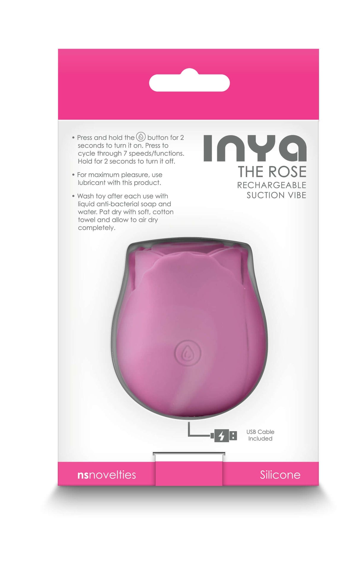 Inya the Rose Suction Vibe Pink packaging showcasing the elegant air pulse stimulator design.