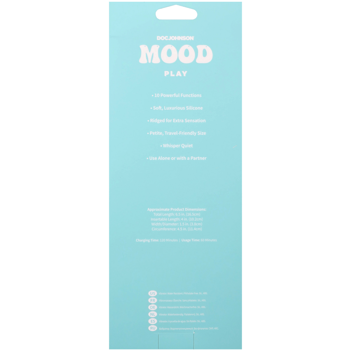 Mood Play Mini Power Vibe Purple packaging features 10 functions, soft silicone, and travel-friendly design.