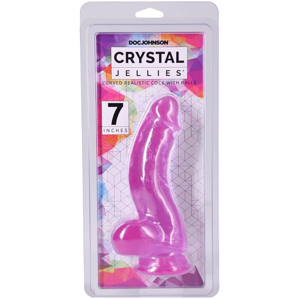 Crystal Jellies Curved Cock With Balls 7 Inch Purple in packaging by Doc Johnson, showcasing its realistic design.