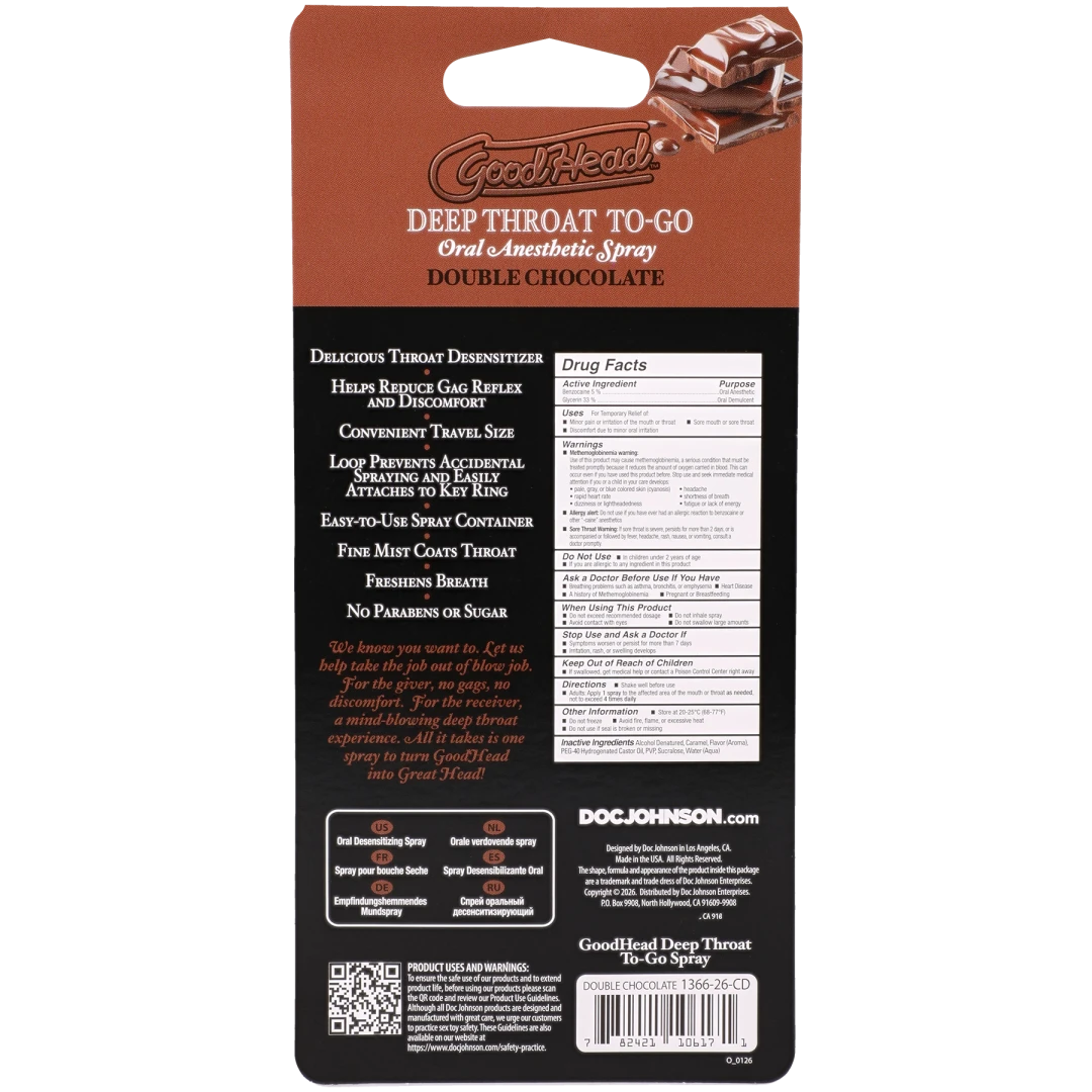 Goodhead Deep Throat Spray to-Go Double Chocolate 0.3 Oz packaging with details on use and ingredients.