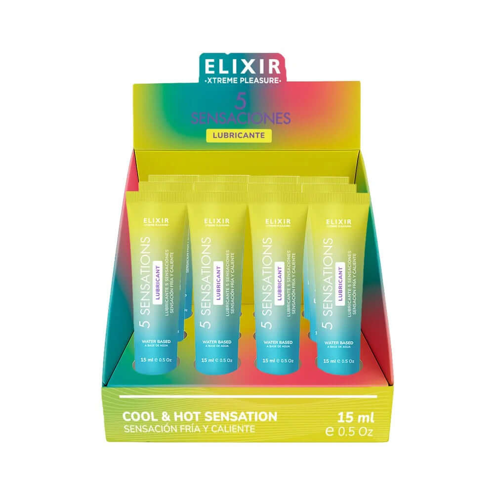 Elixir 5 Sensations Lubricant 15 ml 0.5 Oz 12 pc Display showcasing vibrant packaging and individual packets.