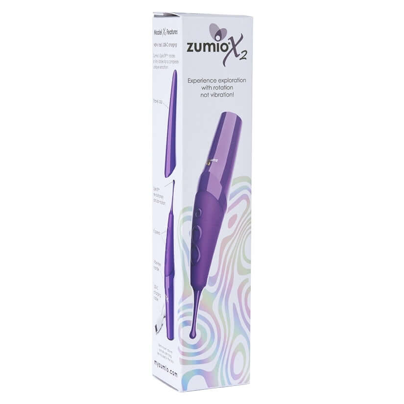 Zumio X2 Rotation Clitoral Stimulator Purple packaging showcasing innovative rotating tip for targeted stimulation.
