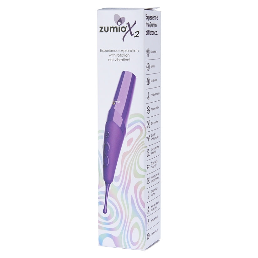 Zumio X2 Rotation Clitoral Stimulator Purple packaging showing innovative design and features for precise stimulation.