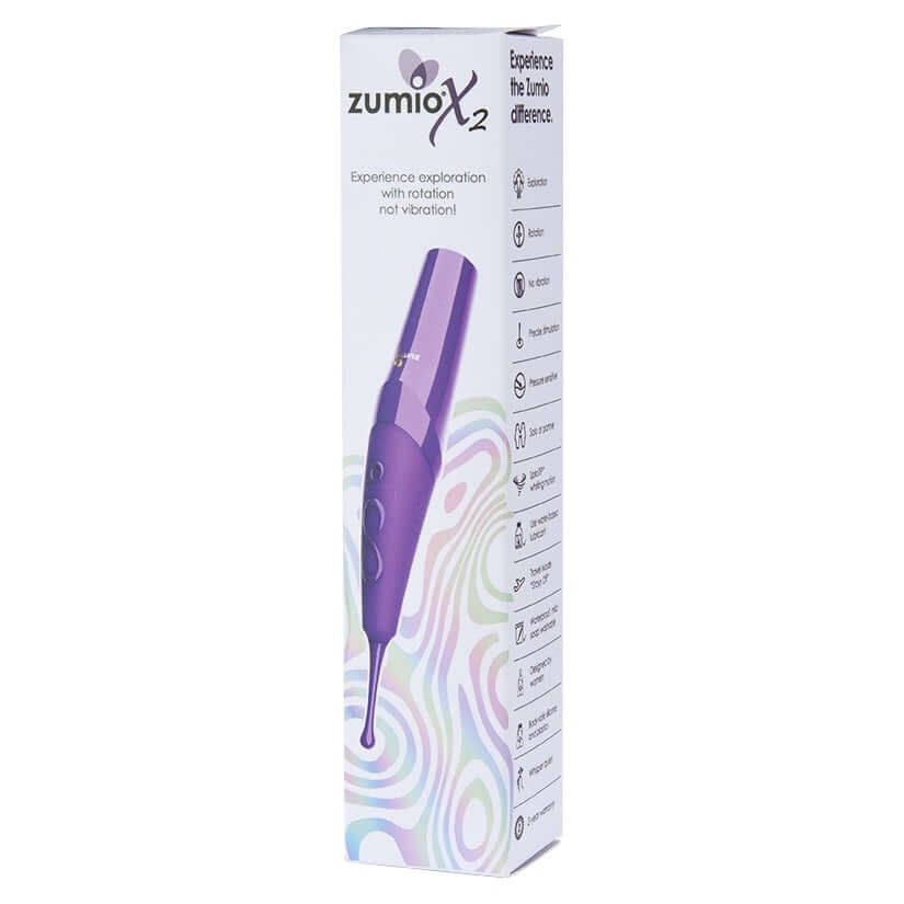 Zumio X2 Rotation Clitoral Stimulator Purple packaging showing innovative design and features for precise stimulation.