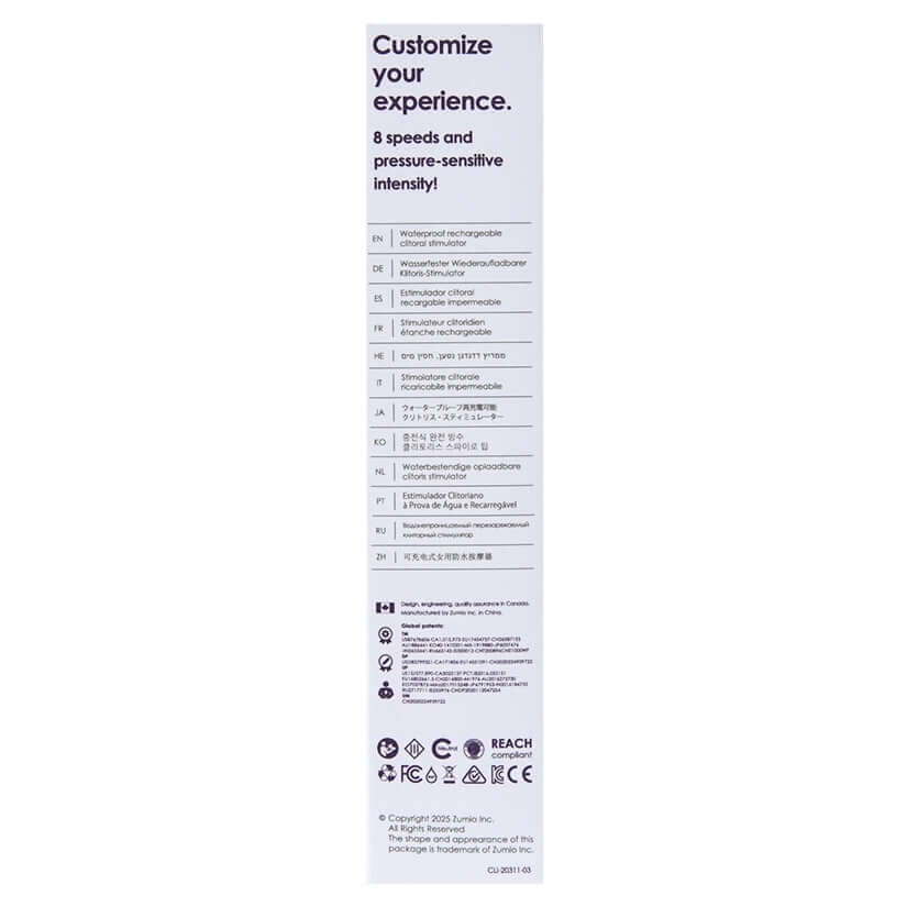 Features and instructions of Zumio X2 Rotation Clitoral Stimulator Purple, showcasing 8 speeds and pressure-sensitive intensity.