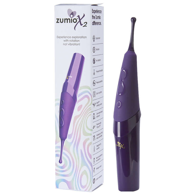 Zumio X2 Rotation Clitoral Stimulator Purple next to its packaging, showcasing innovative rotating SpiroTIP™ technology.