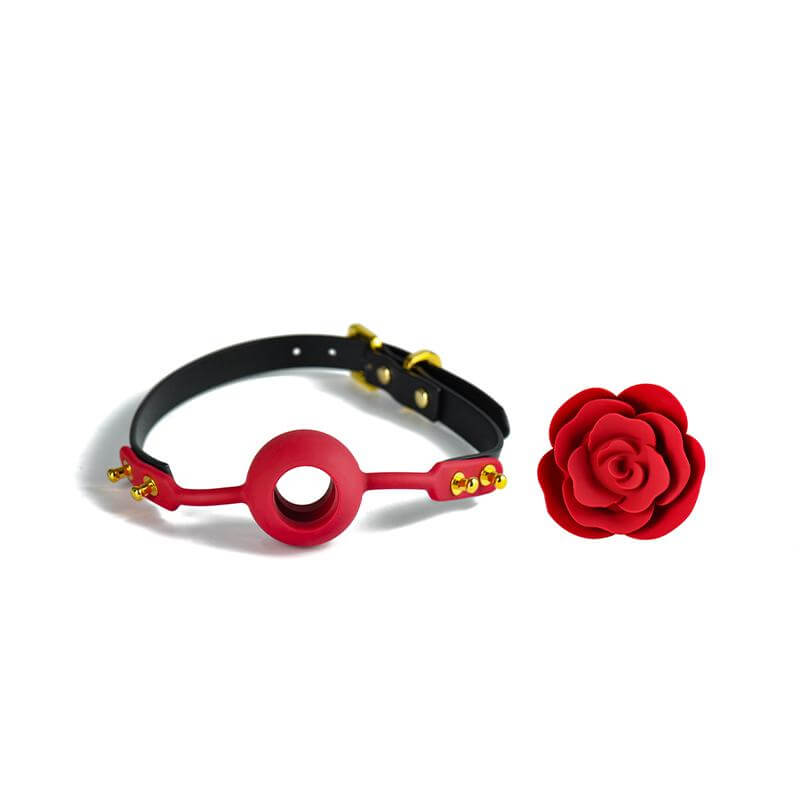 ZALO & UPKO Designer Collection Rose Ball Gag with patented red rose-shaped design and elegant black strap