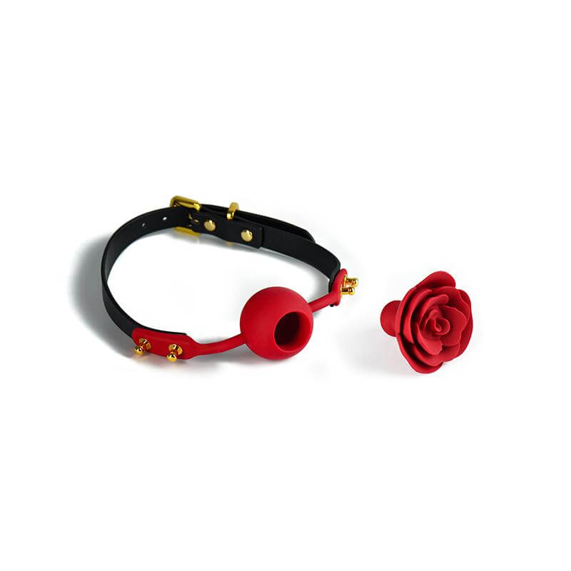 ZALO & UPKO Designer Collection Rose Ball Gag with elegant red rose-shaped design and black strap with gold accents.