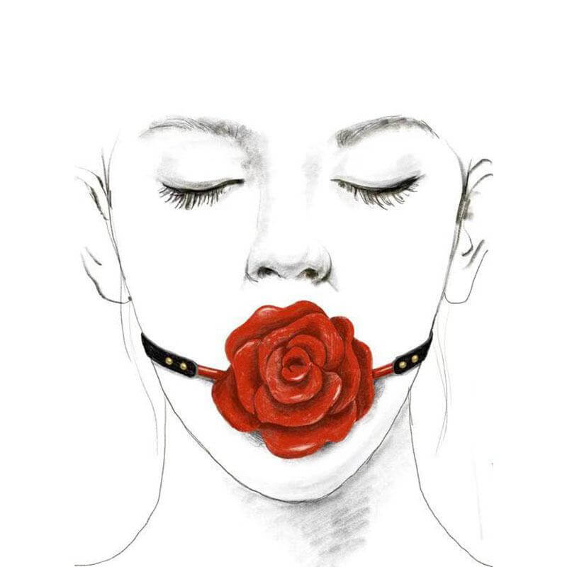 Illustration of a person with eyes closed wearing a sophisticated ZALO & UPKO Designer Collection Rose Ball Gag.
