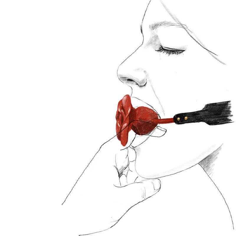 Side profile drawing of a person wearing the ZALO & UPKO Designer Collection Rose Ball Gag in their mouth
