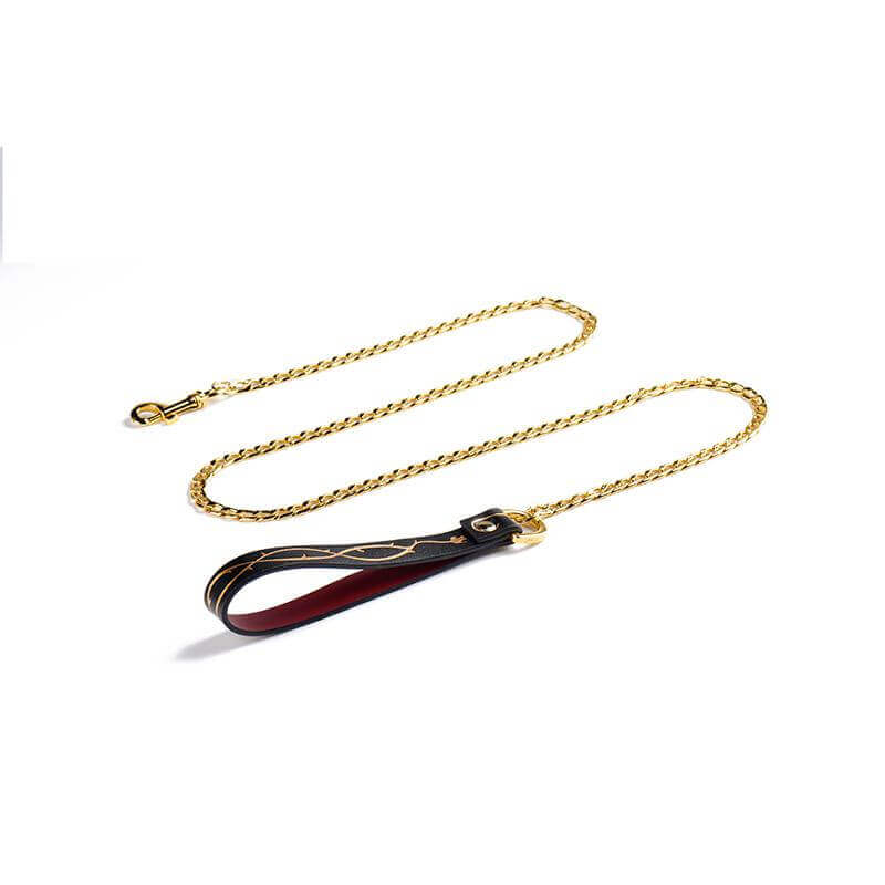 Luxurious and romantic gold chain leash with leather handle from ZALO & UPKO Doll Designer Collection Bondage Play Kit.
