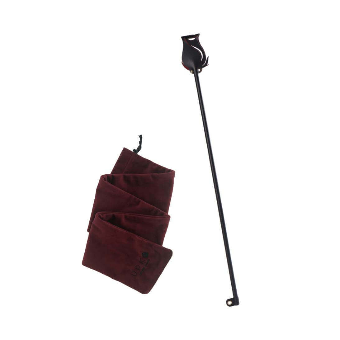 ZALO Doll Designer Collection Rose Riding Crop with maroon storage pouch, crafted from Italian leather and elegant metal parts