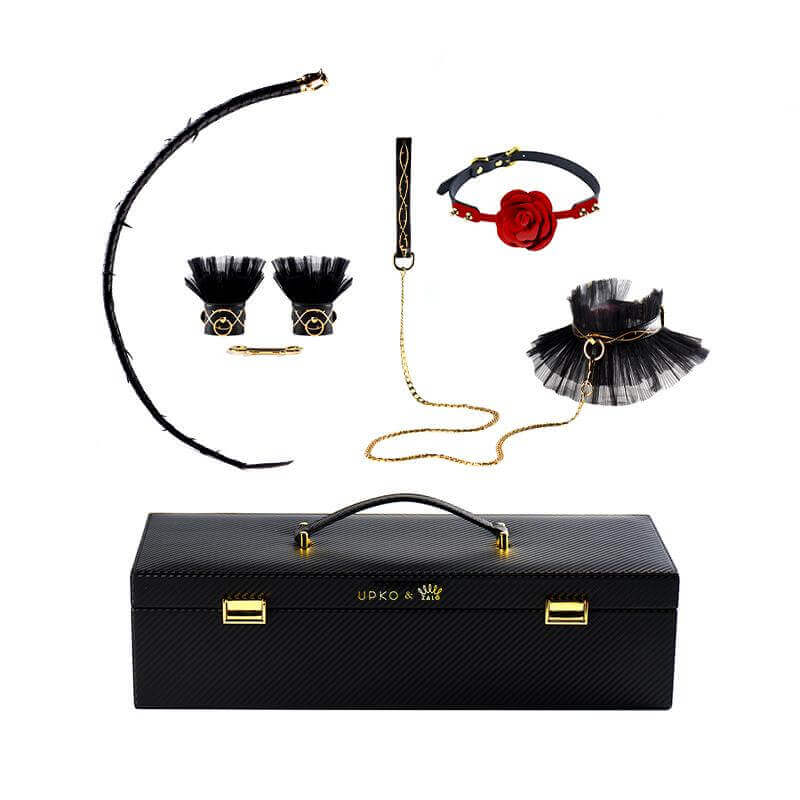 ZALO & UPKO Doll Designer Collection Luxurious & Romantic Bondage Play Kit with leather collar, handcuffs, whip, rose ball gag, and storage case.