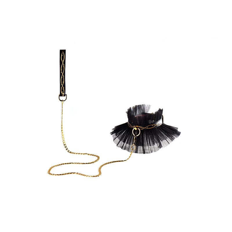 Luxurious black leather thorn collar with gold chain leash from the ZALO & UPKO Doll Designer Collection Bondage Play Kit