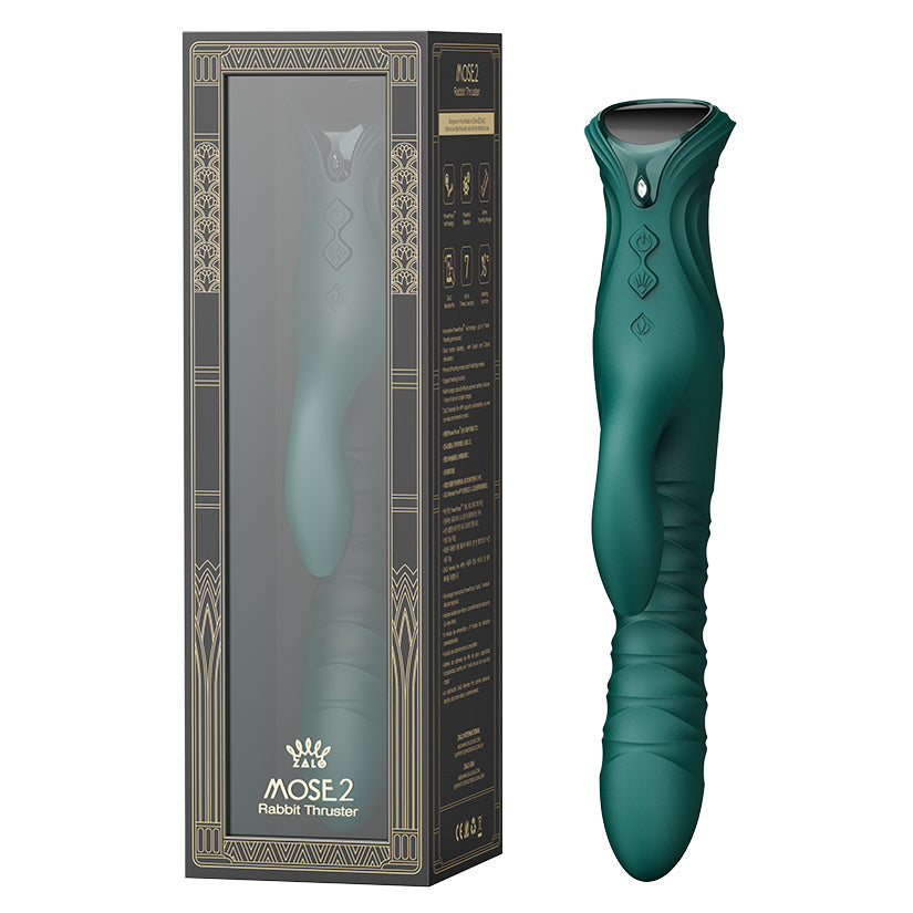 ZALO Mose 2 Vibrating Thruster with App Green in elegant packaging, designed for dual-stimulation pleasure.
