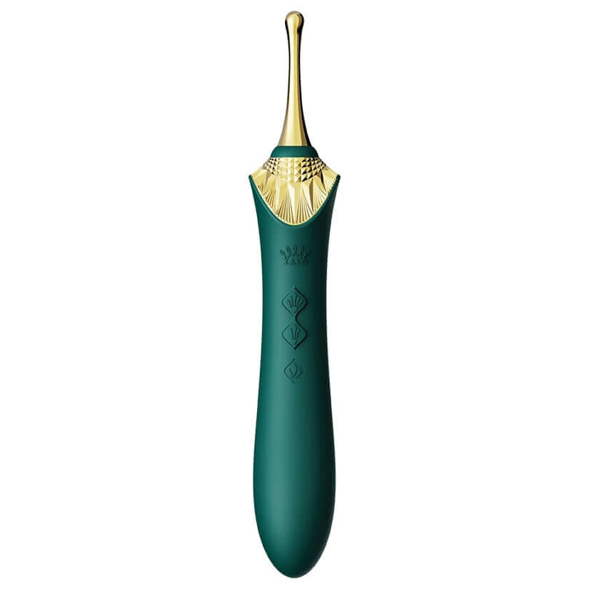 Zalo Bess 2.0 Clitoral Dual Wand Massager Green with gold accents and ergonomic design for enhanced pleasure.