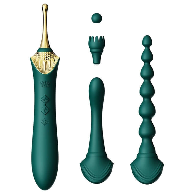 Zalo Bess 2.0 Clitoral Dual Wand Massager Green with multiple head attachments for custom pleasure.