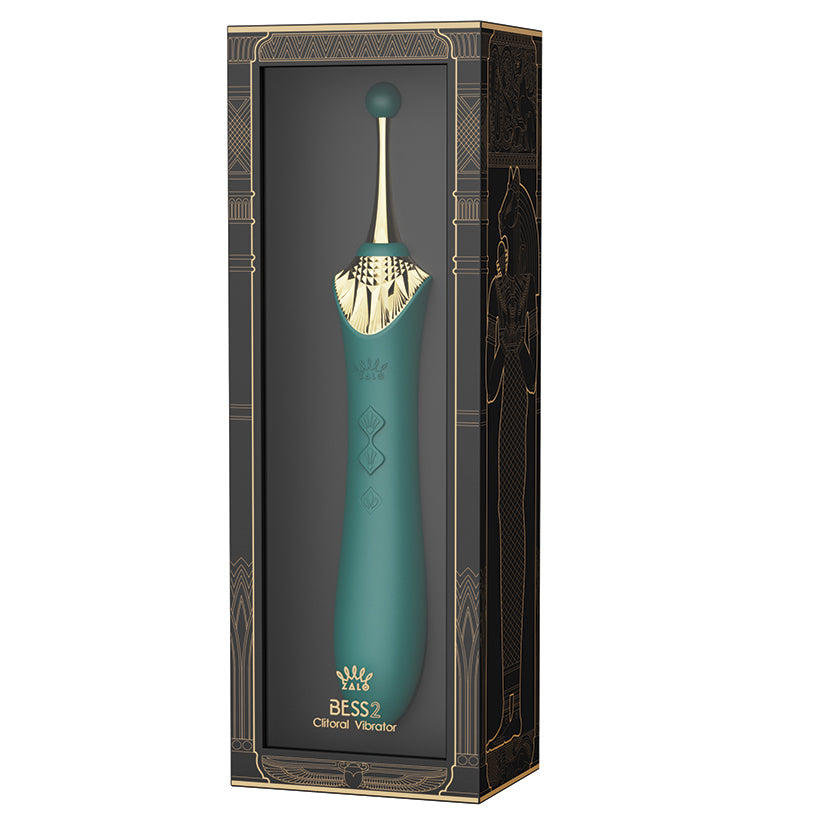 Zalo Bess 2.0 Clitoral Dual Wand Massager Green in elegant packaging with sleek design.