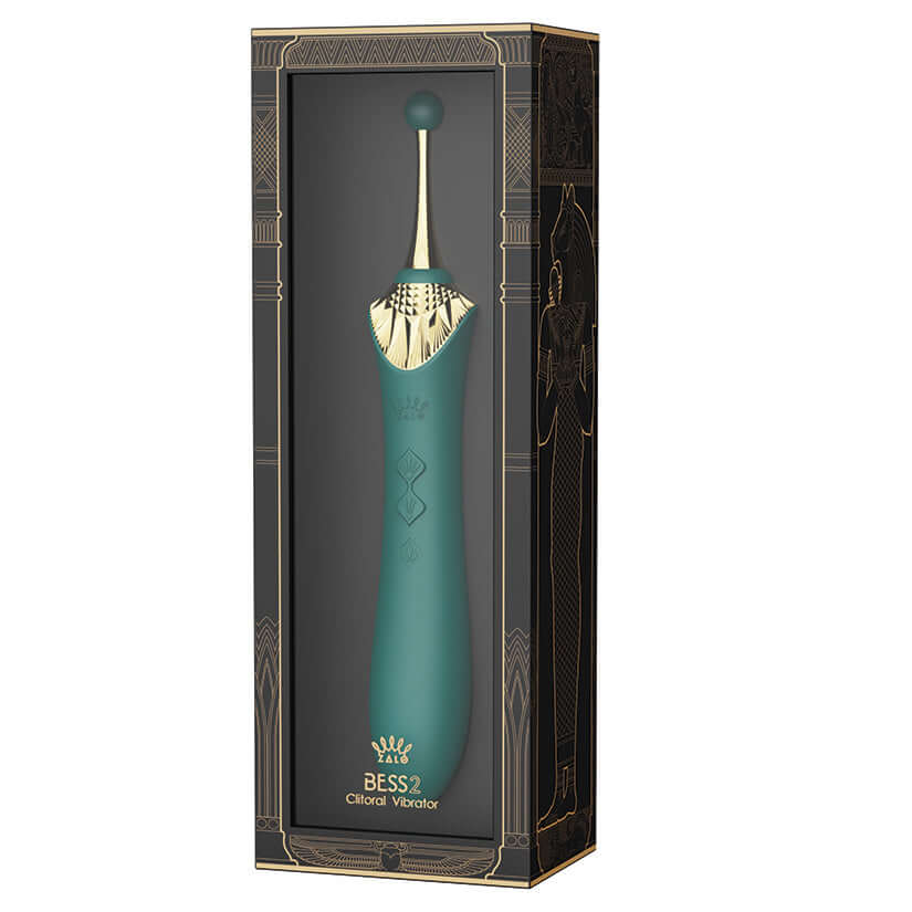 Zalo Bess 2.0 Clitoral Dual Wand Massager Green in elegant packaging with sleek design.
