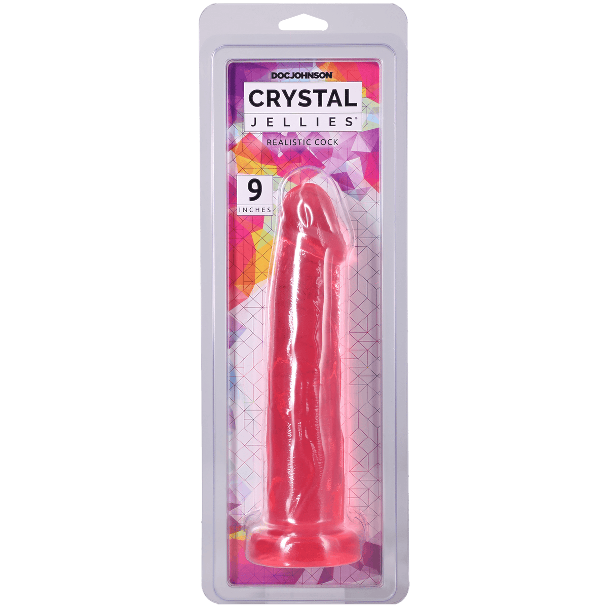 Crystal Jellies Realistic Cock 9 Inch Pink in packaging showcasing its lifelike design and vibrant color.